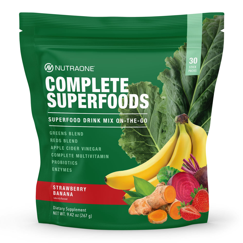 NutraOne Complete Superfoods bottle with label, convenient daily wellness at home or commuting.