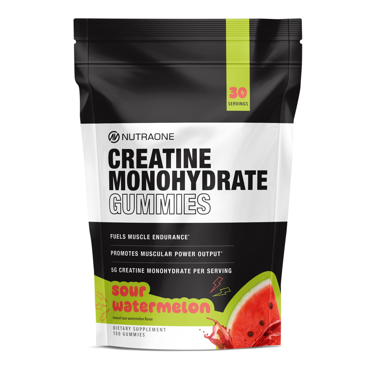 NutraOne Creatine Gummies bottle close-up, sour watermelon flavor for on-the-go fuel