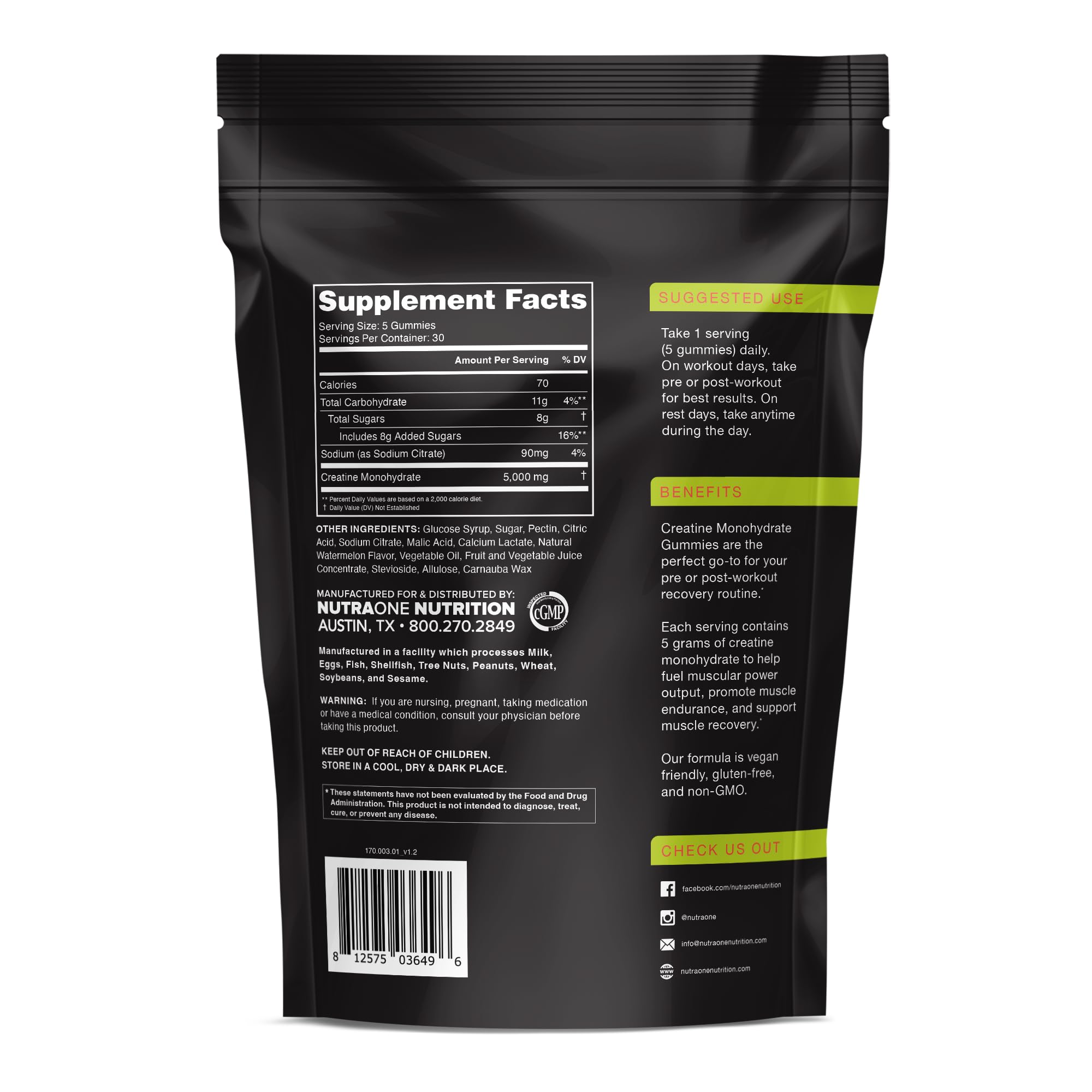 NutraOne Creatine Gummies showing 5 g per gummy for endurance and recovery