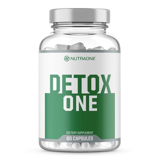 NutraOne DetoxOne bottle side label highlights ingredients and usage.