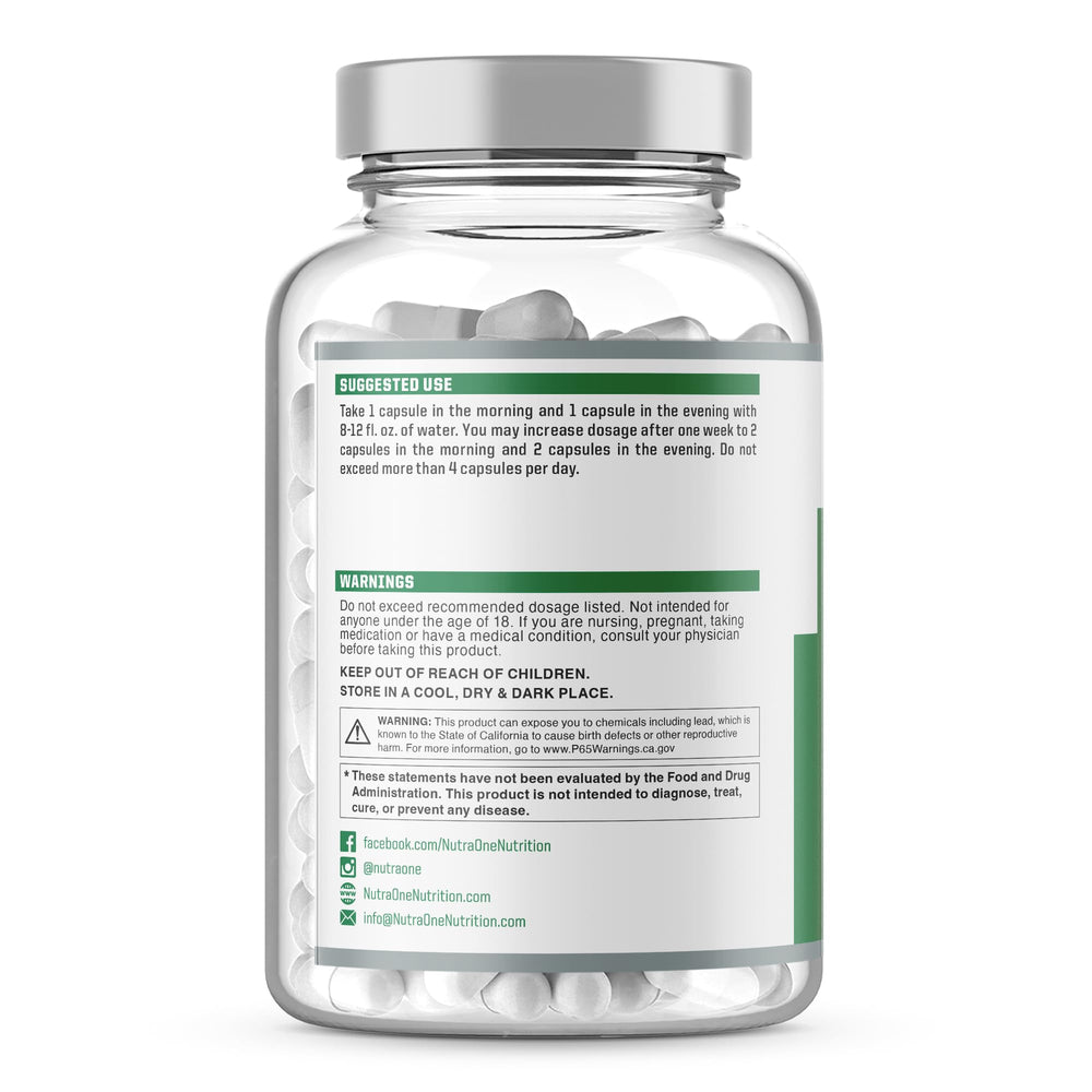 Closeup of NutraOne DetoxOne capsules highlighting herbal blend.