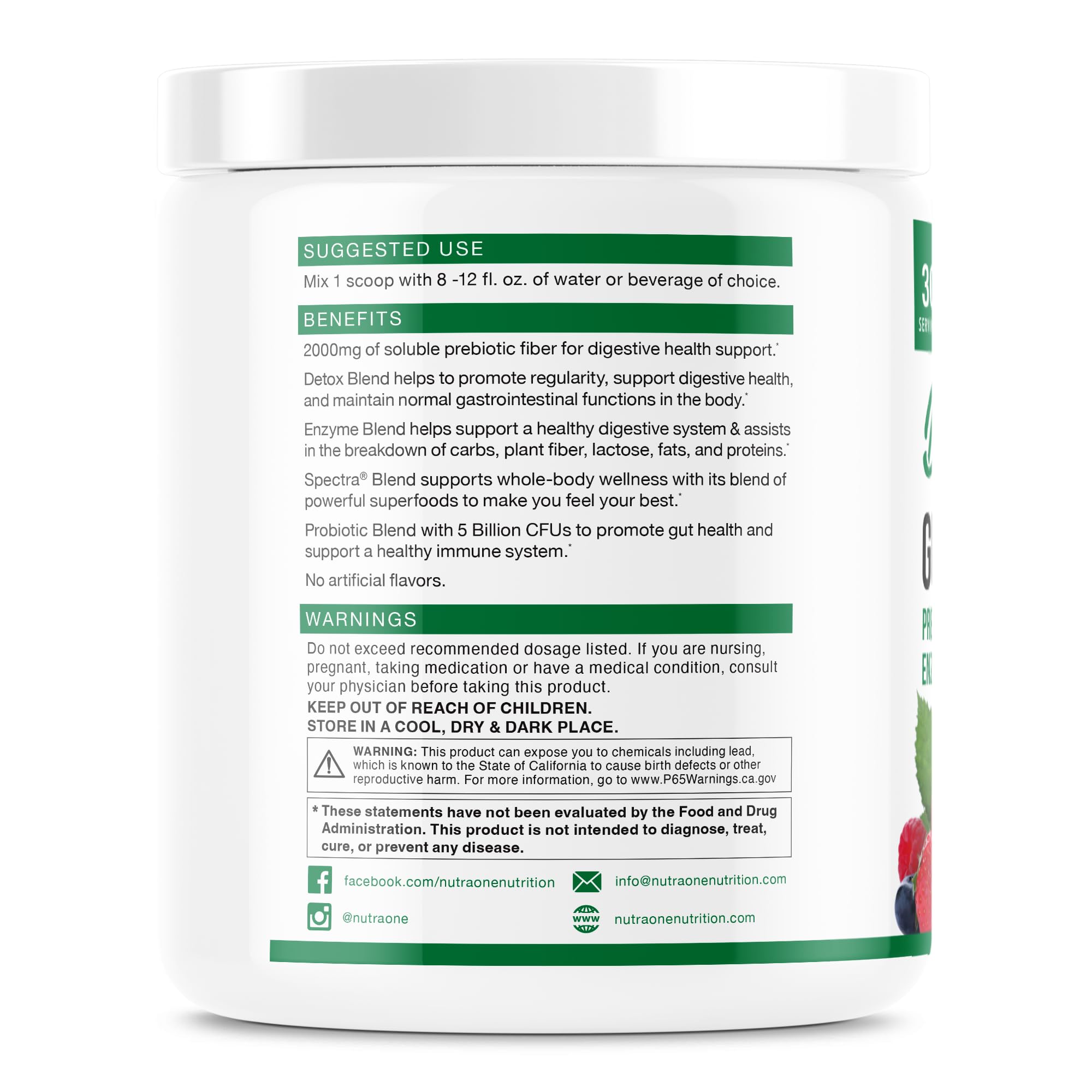 NutraOne DetoxOne Daily ingredients close-up with probiotics and enzymes for digestion support.