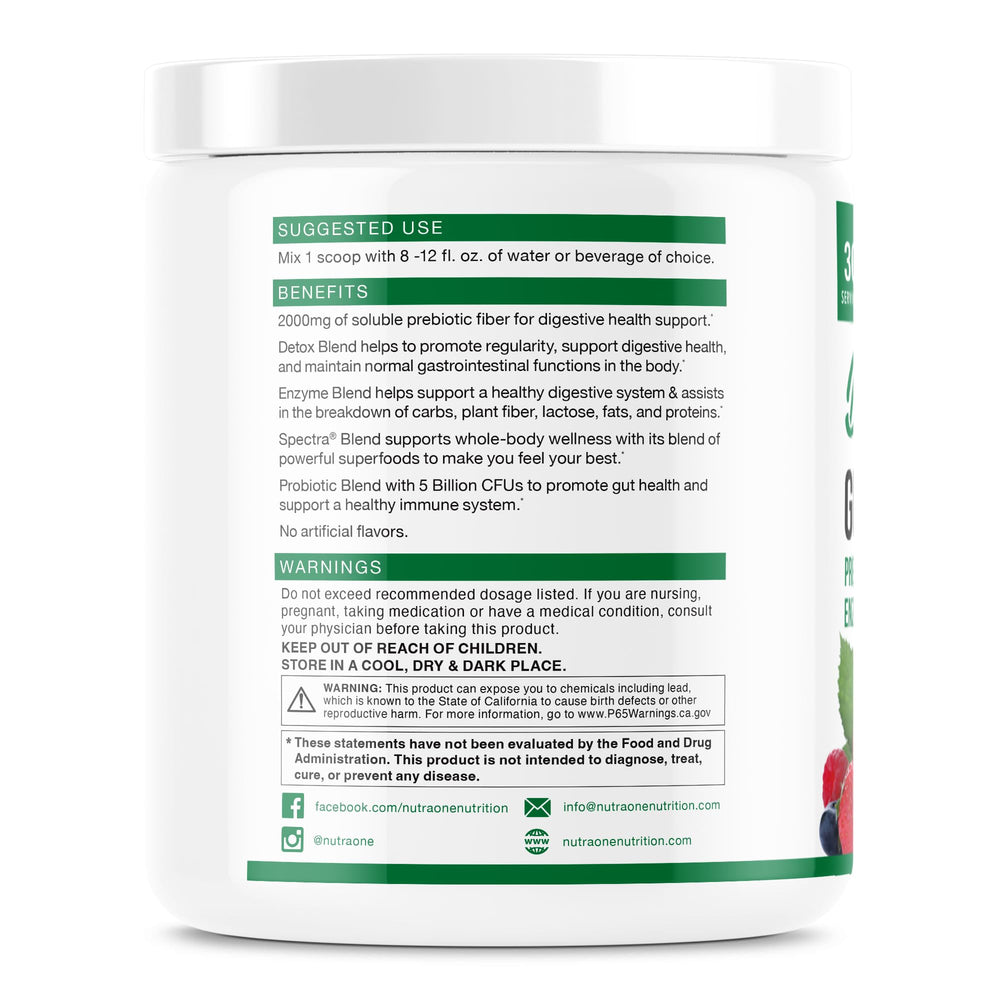 NutraOne DetoxOne Daily ingredients close-up with probiotics and enzymes for digestion support.