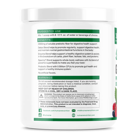 NutraOne DetoxOne Daily ingredients close-up with probiotics and enzymes for digestion support.