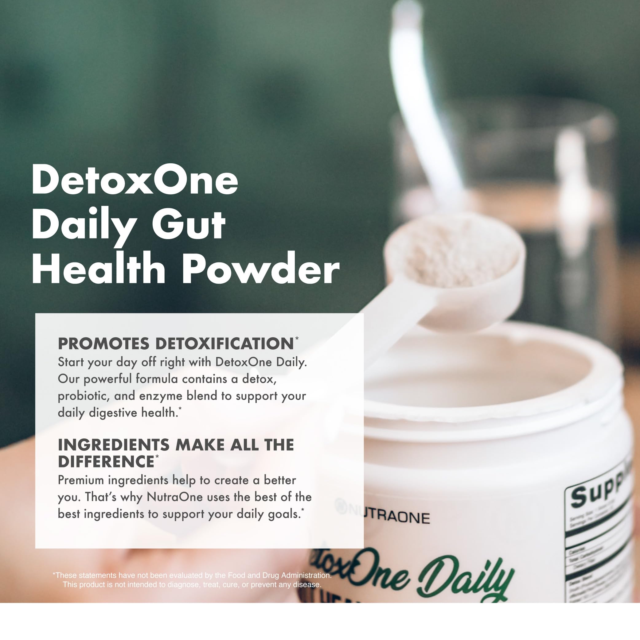 NutraOne DetoxOne Daily packaging highlighting digestive health focus.