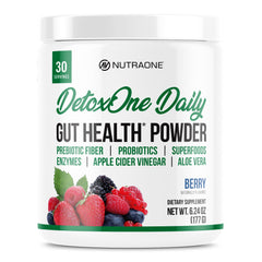 NutraOne DetoxOne Daily tub front, highlighting digestive wellness and energy.