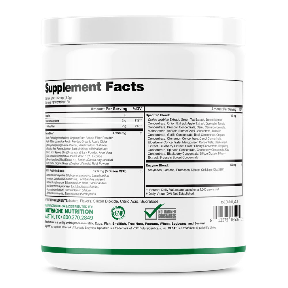 NutraOne DetoxOne Daily probiotics and enzymes supporting digestive health.