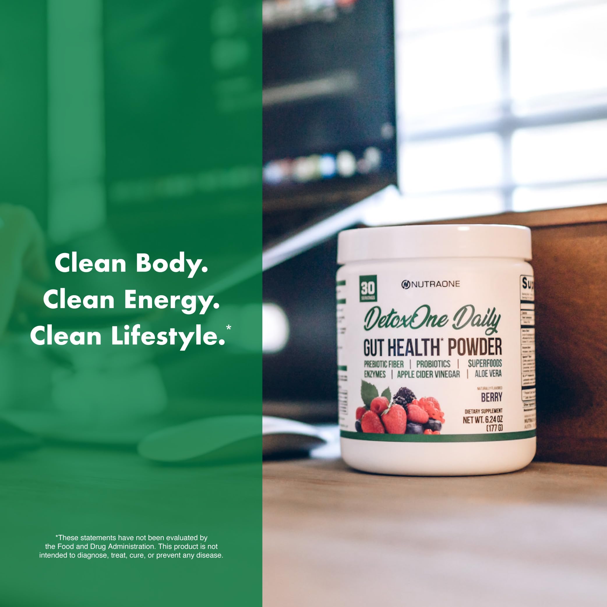 NutraOne DetoxOne Daily box on table, premium ingredients emphasized.