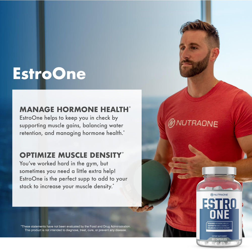 NutraOne EstroOne bottle beside gym accessories suggests daily use.