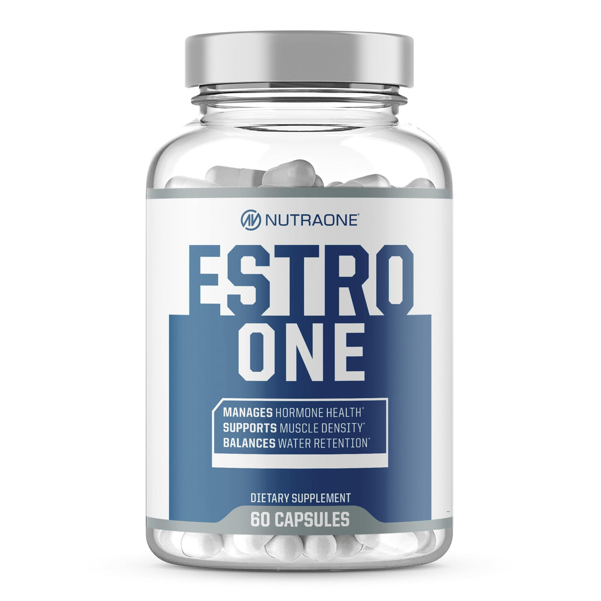 NutraOne EstroOne bottle promotes masculine hormone balance for workouts.