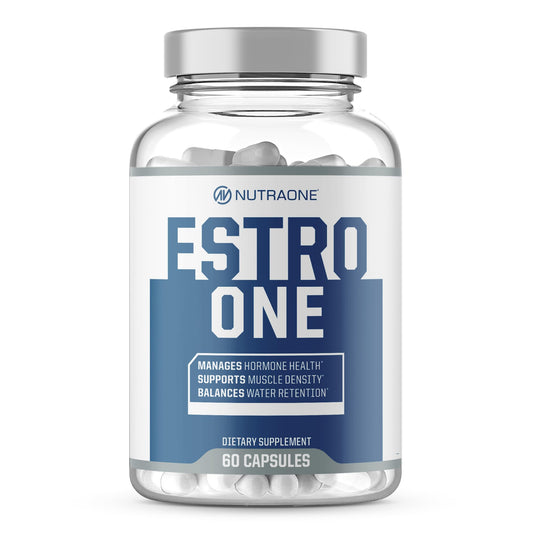 NutraOne EstroOne bottle promotes masculine hormone balance for workouts.