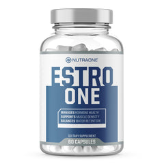 NutraOne EstroOne bottle promotes masculine hormone balance for workouts.
