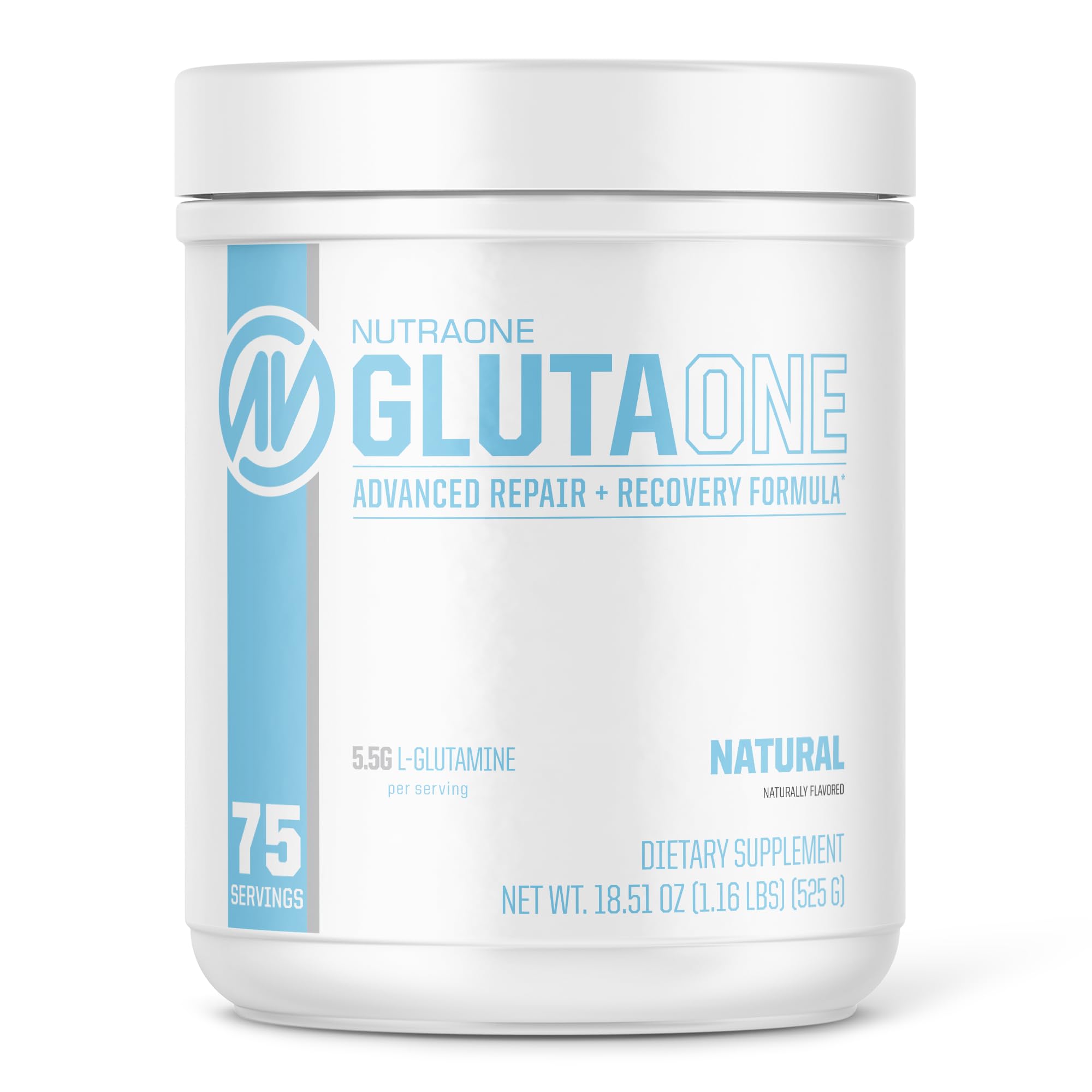 NutraOne GlutaOne tub label highlights post-workout recovery formula for muscle support