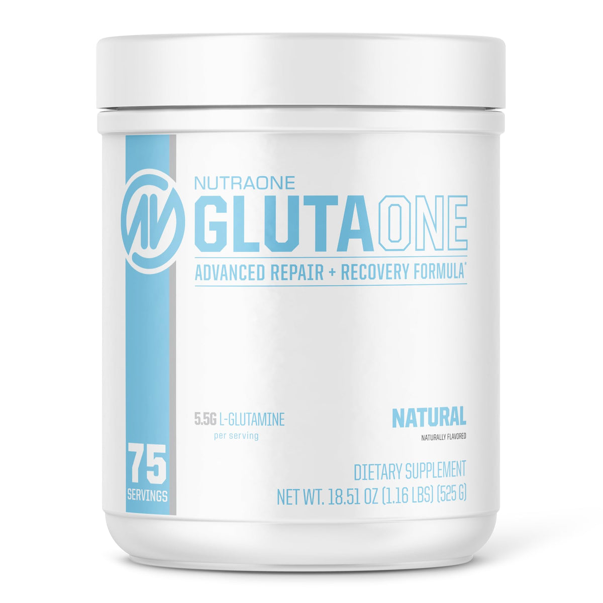 NutraOne GlutaOne tub label highlights post-workout recovery formula for muscle support