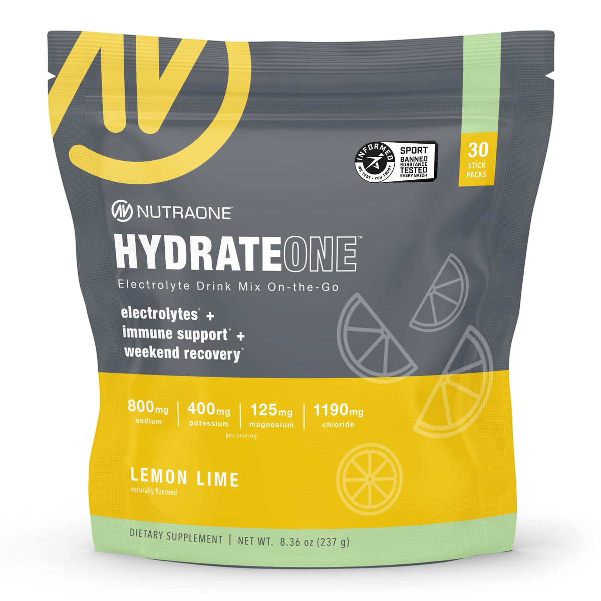 NutraOne HydrateOne bottle with lemon-lime flavor for on-the-go hydration.