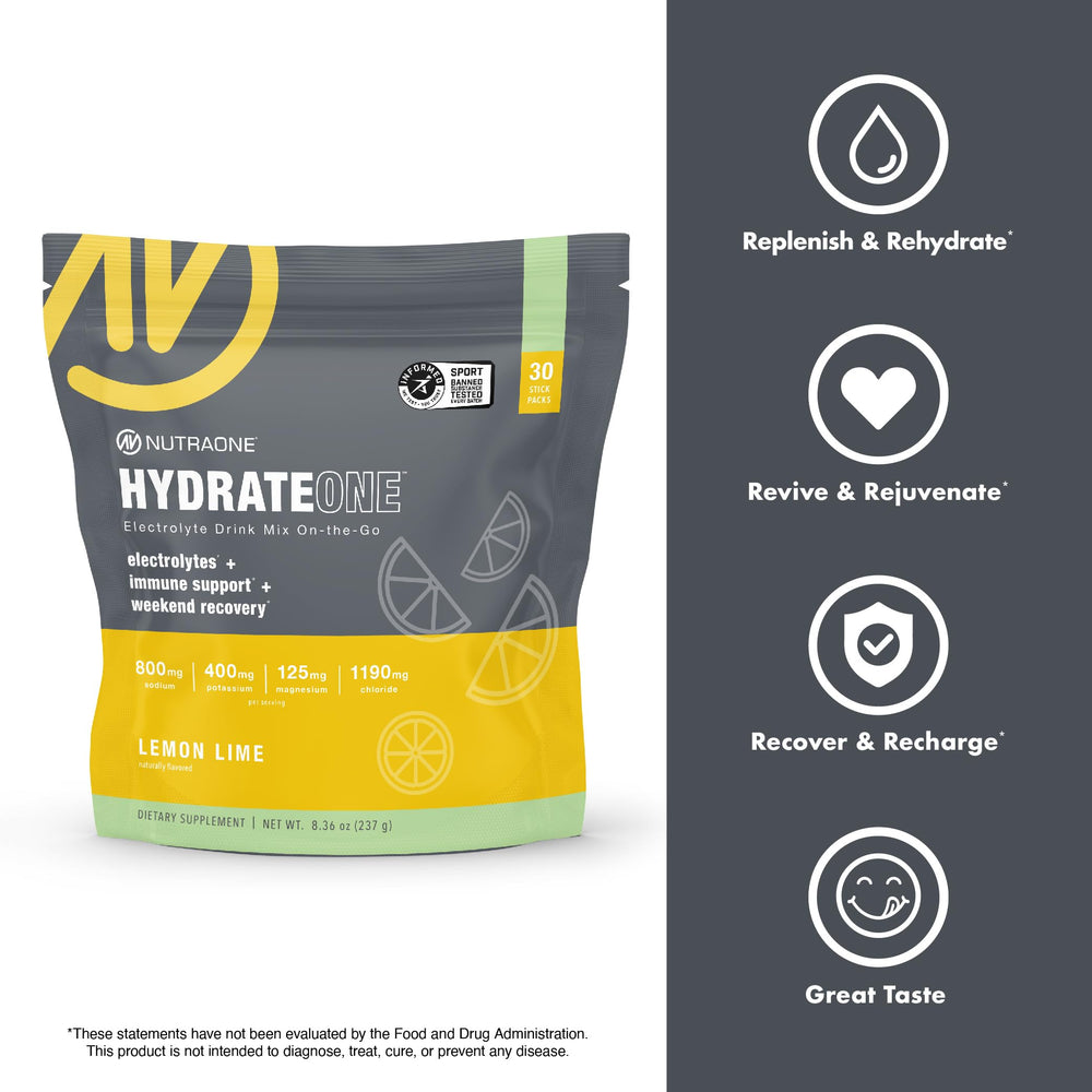 NutraOne HydrateOne label close-up highlights vitamins and minerals.