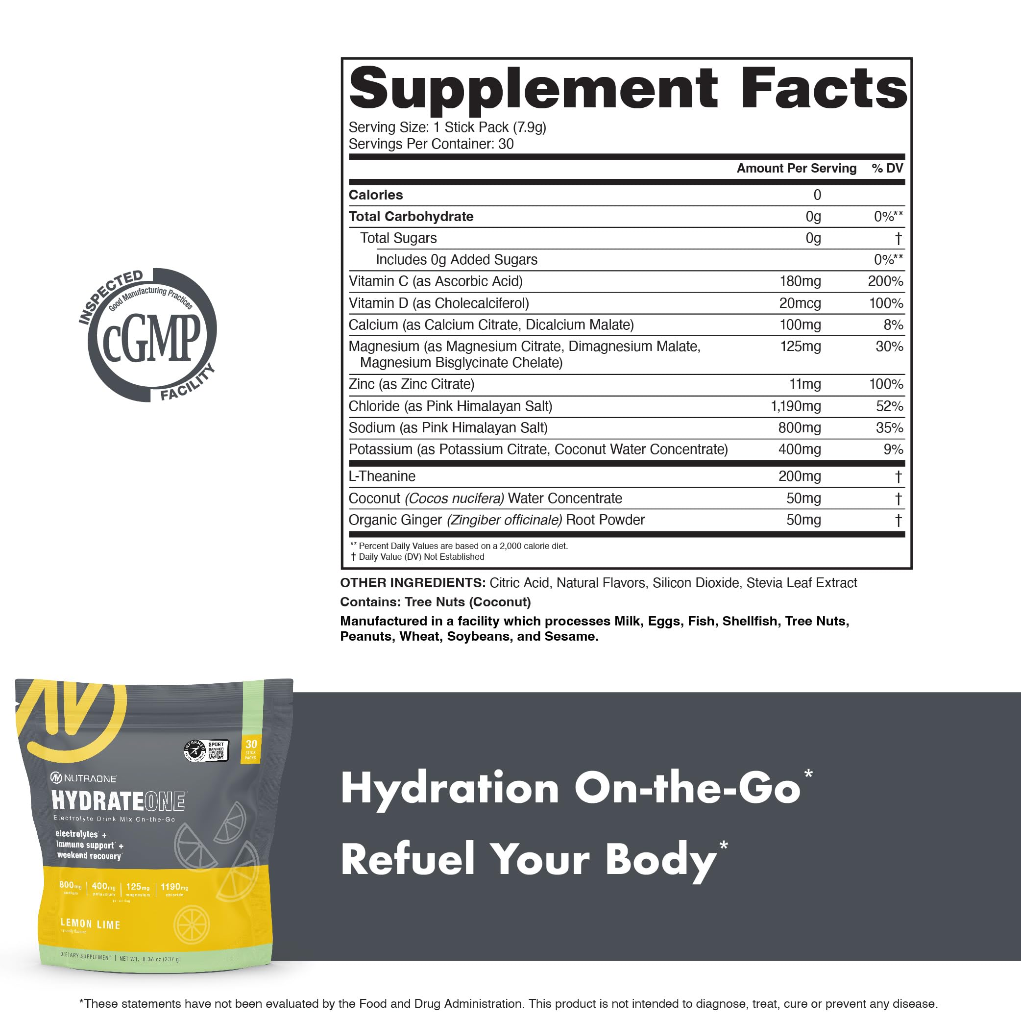 NutraOne HydrateOne lemon-lime stick pack for travel-friendly hydration.