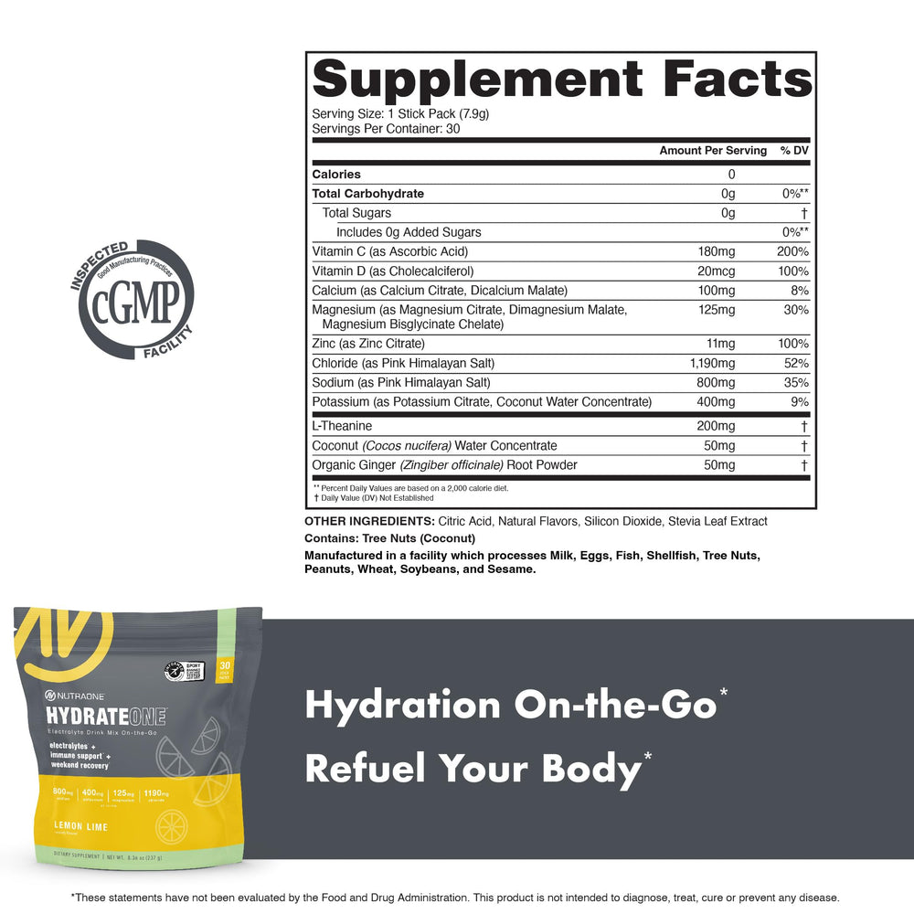 NutraOne HydrateOne lemon-lime stick pack for travel-friendly hydration.