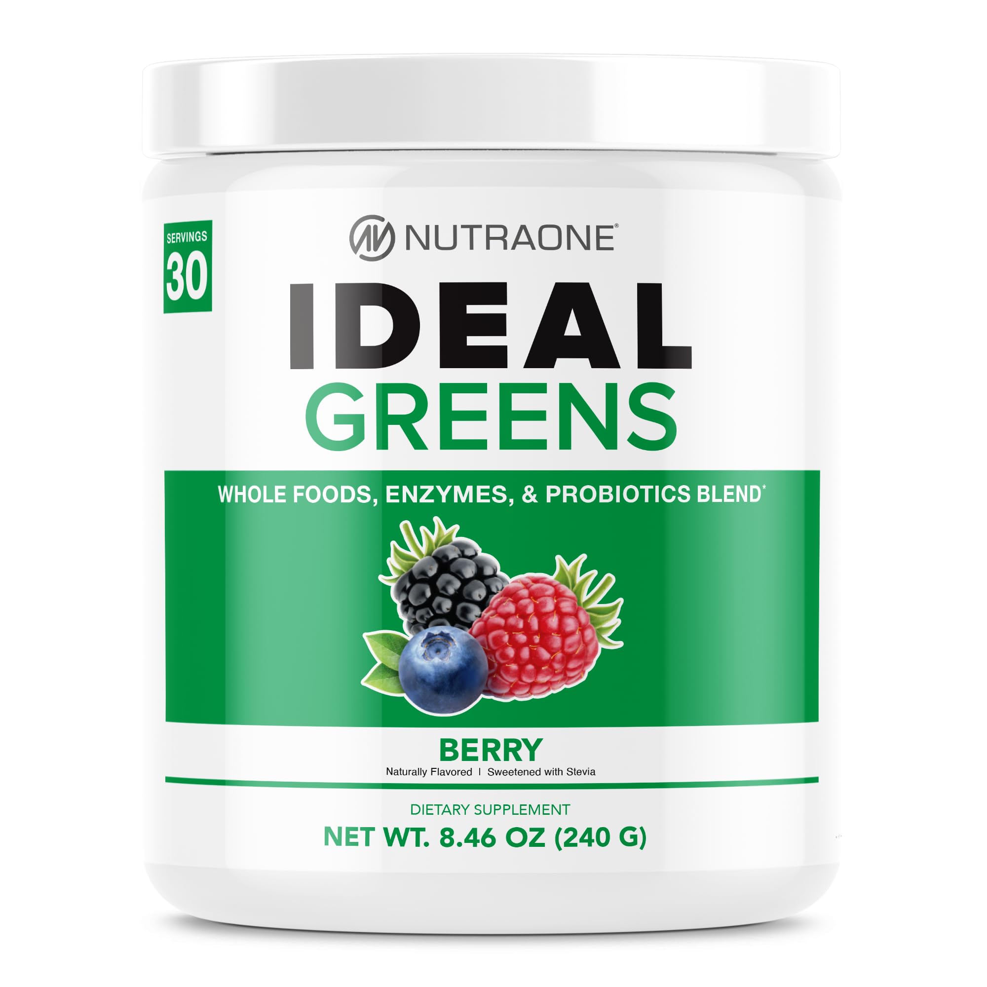 NutraOne Ideal Greens Berry Powder Bottle shows antioxidant-rich daily greens for convenient use.