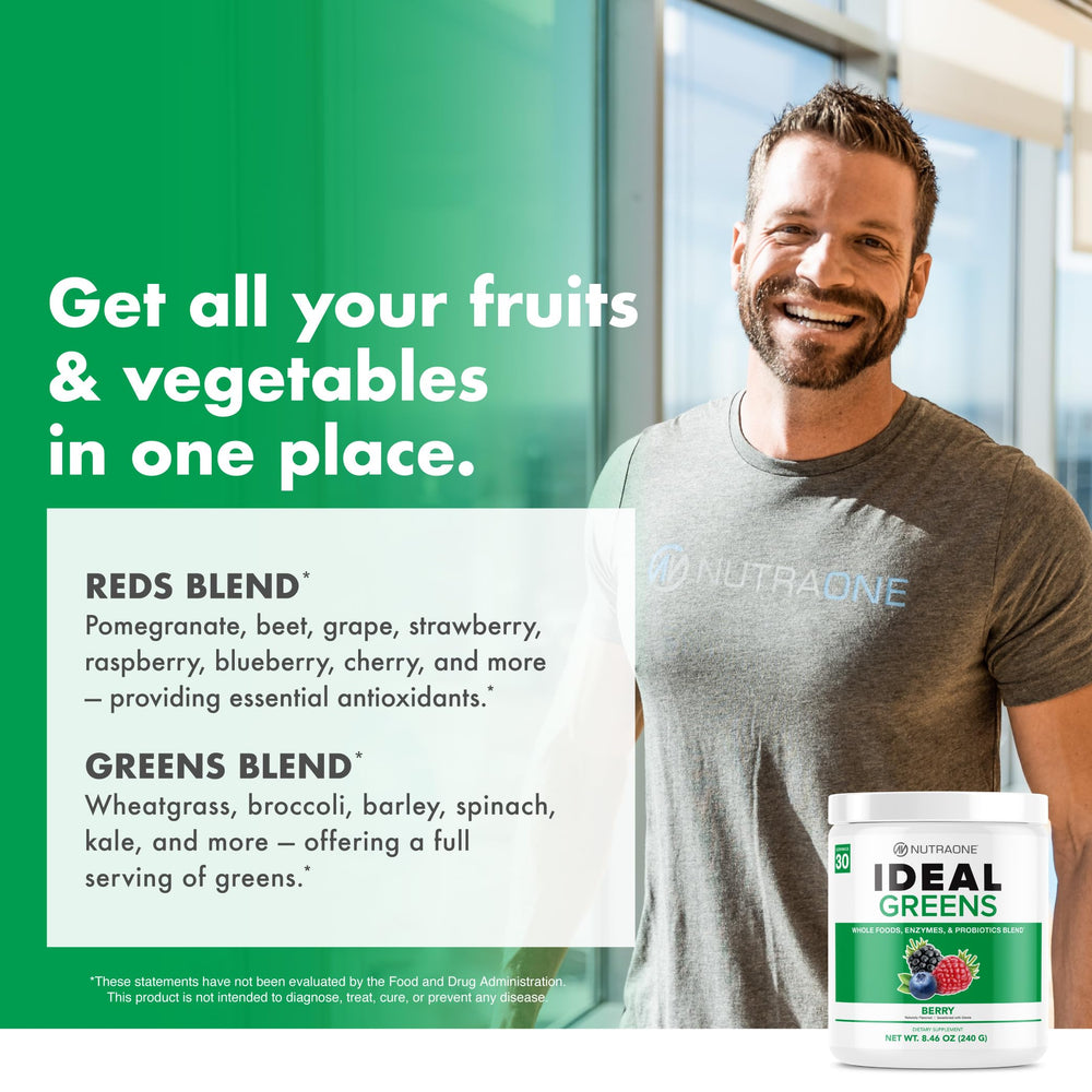 NutraOne Ideal Greens cGMP facility seal indicating high-quality production standards.