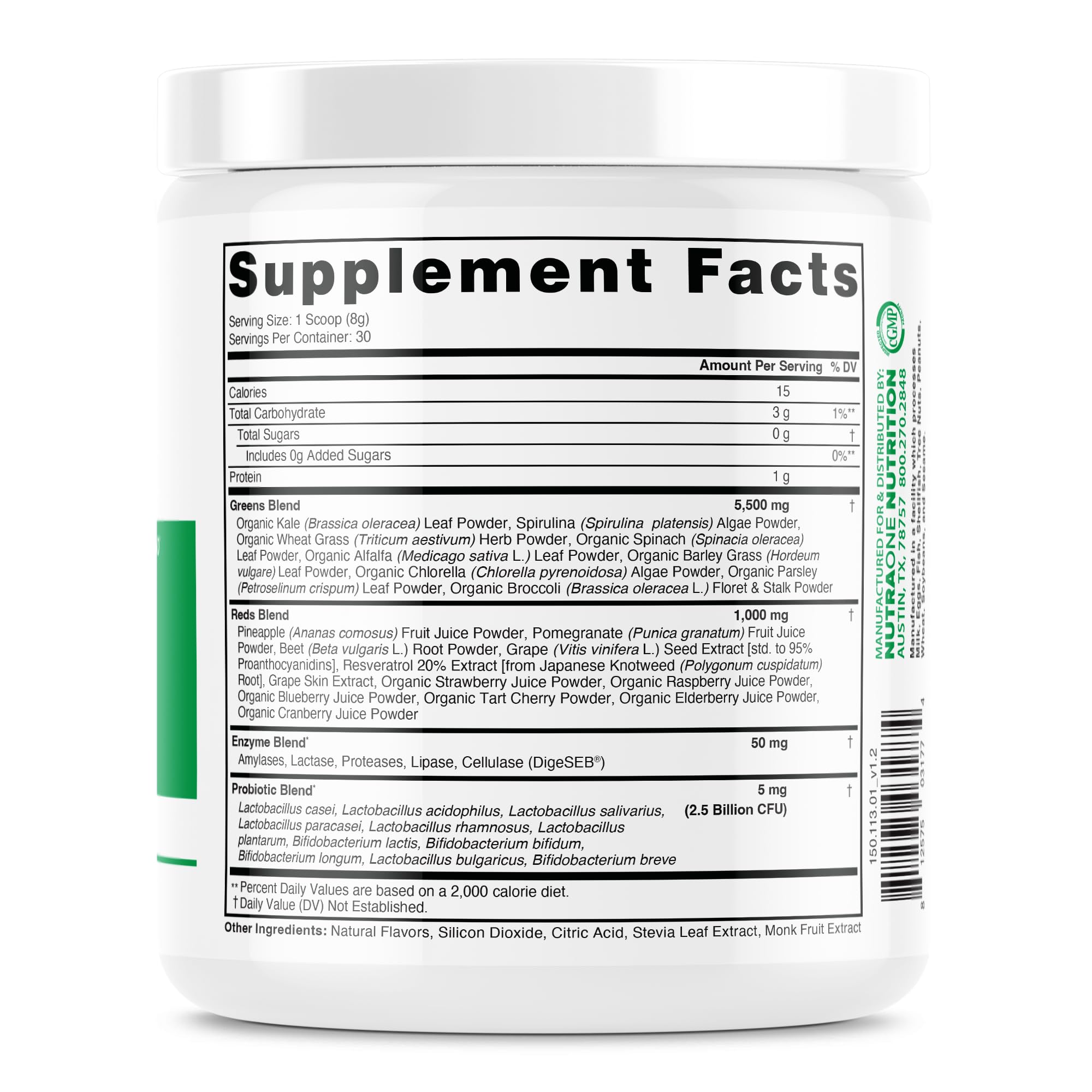 NutraOne Ideal Greens ingredients panel featuring spirulina, kale, spinach for a balanced blend.