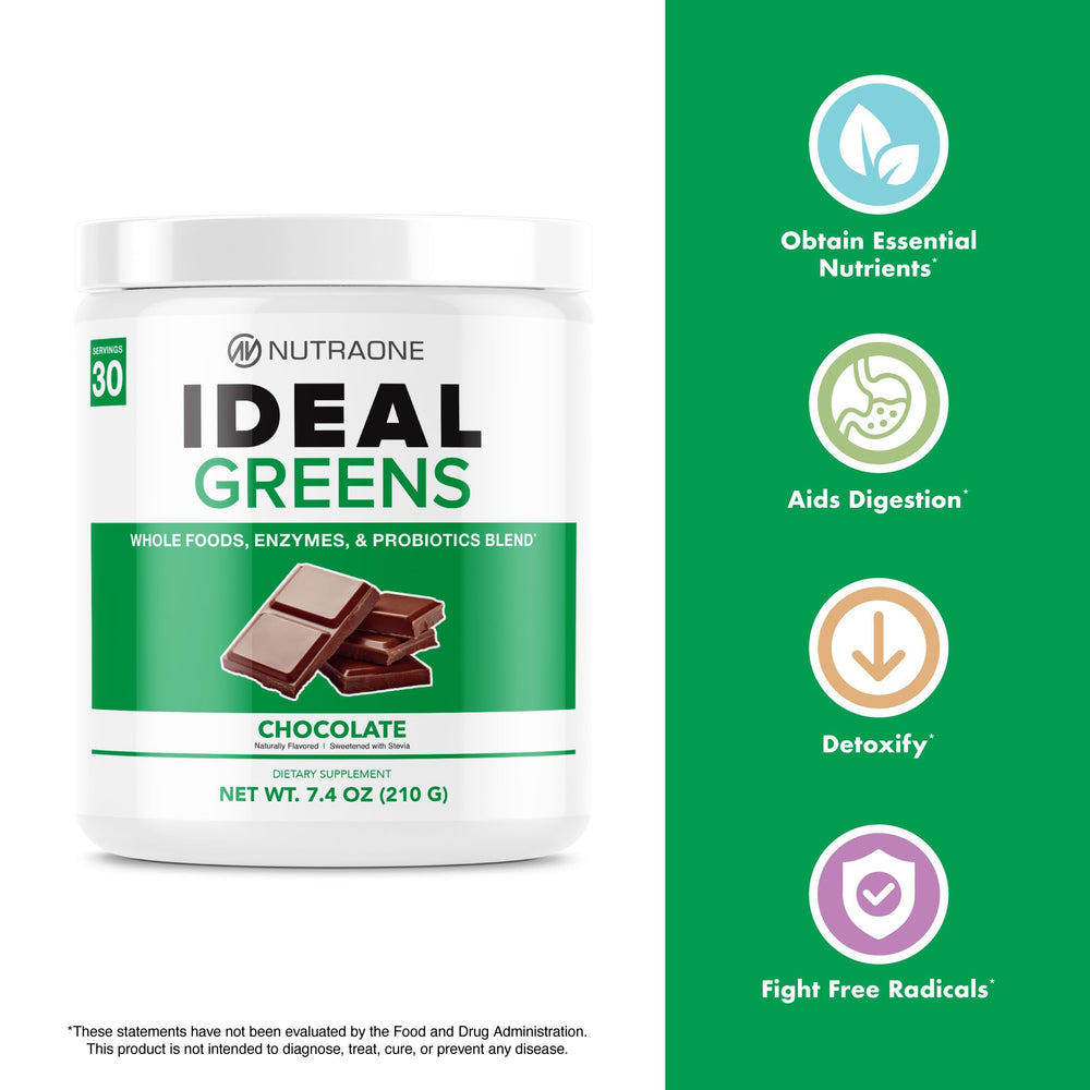 NutraOne Ideal Greens probiotic blend label signaling digestive support and gut-friendly enzymes.