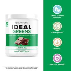 NutraOne Ideal Greens probiotic blend label signaling digestive support and gut-friendly enzymes.