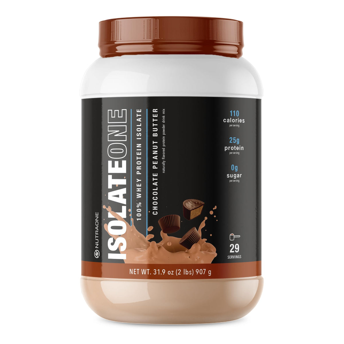 NutraOne IsolateOne bottle displaying pure whey protein isolate for clean fueling.