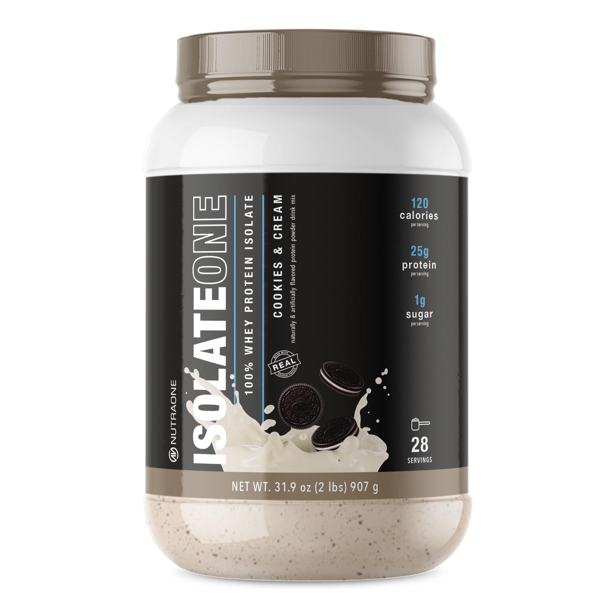 NutraOne IsolateOne Cookies & Cream bottle front highlighting pure whey isolate for lean muscle support