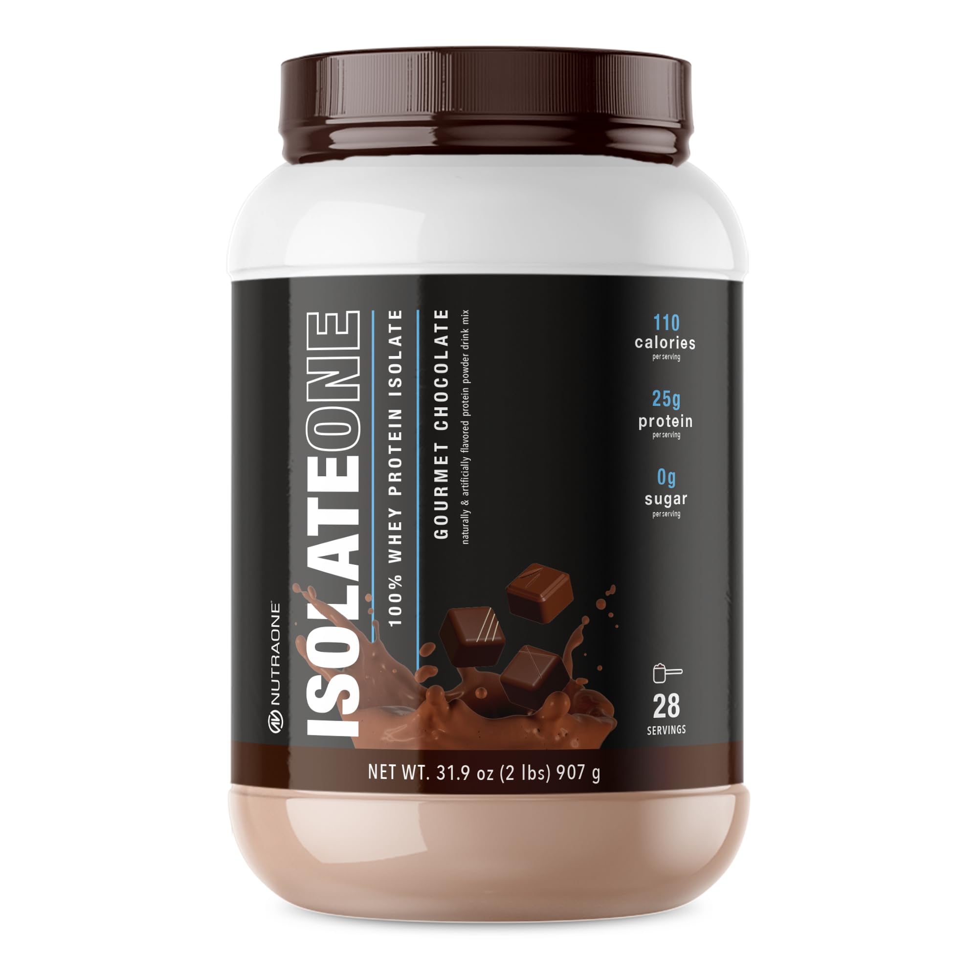 NutraOne IsolateOne Gourmet Chocolate whey powder in a 2-lb canister for post-workout shakes
