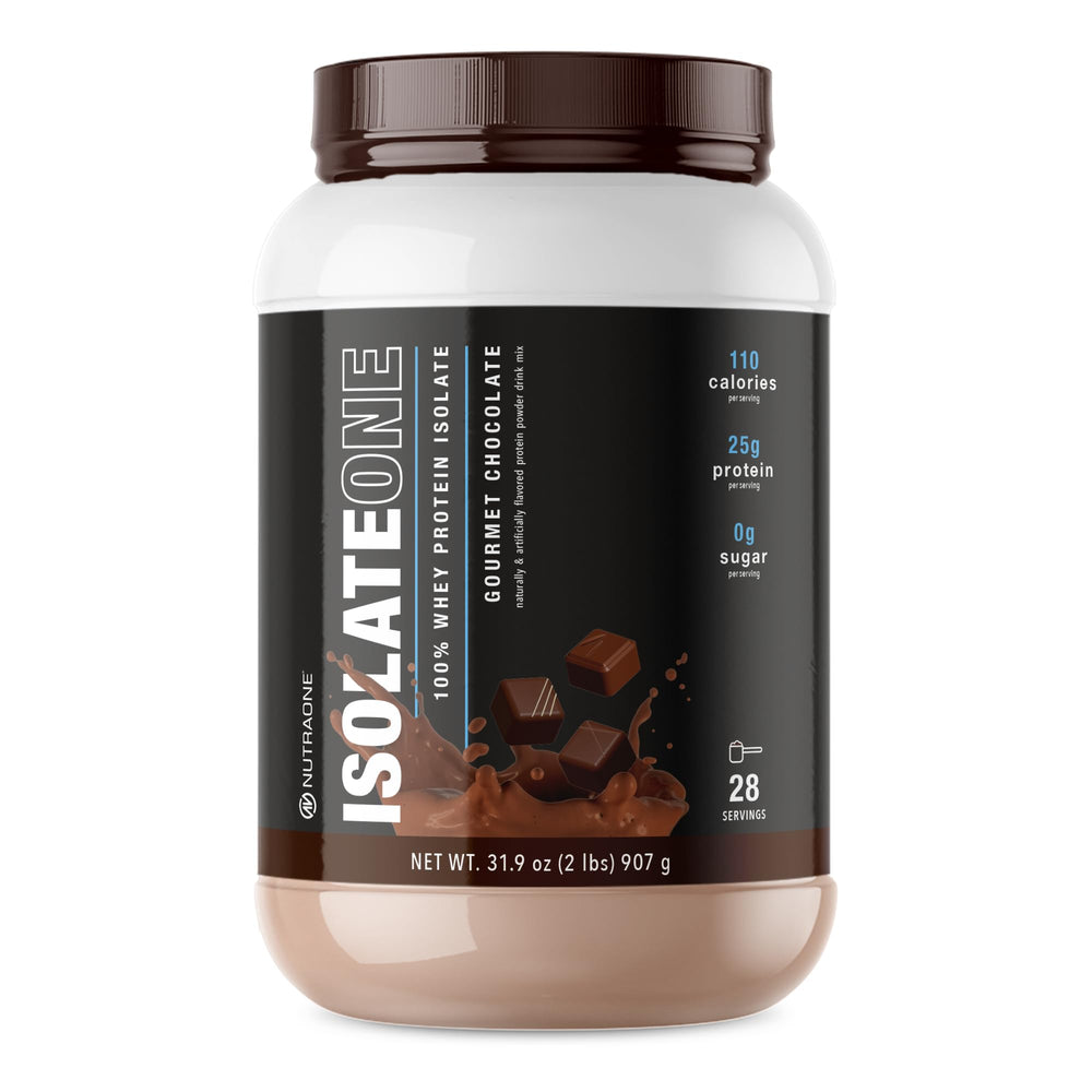 NutraOne IsolateOne Gourmet Chocolate whey powder in a 2-lb canister for post-workout shakes