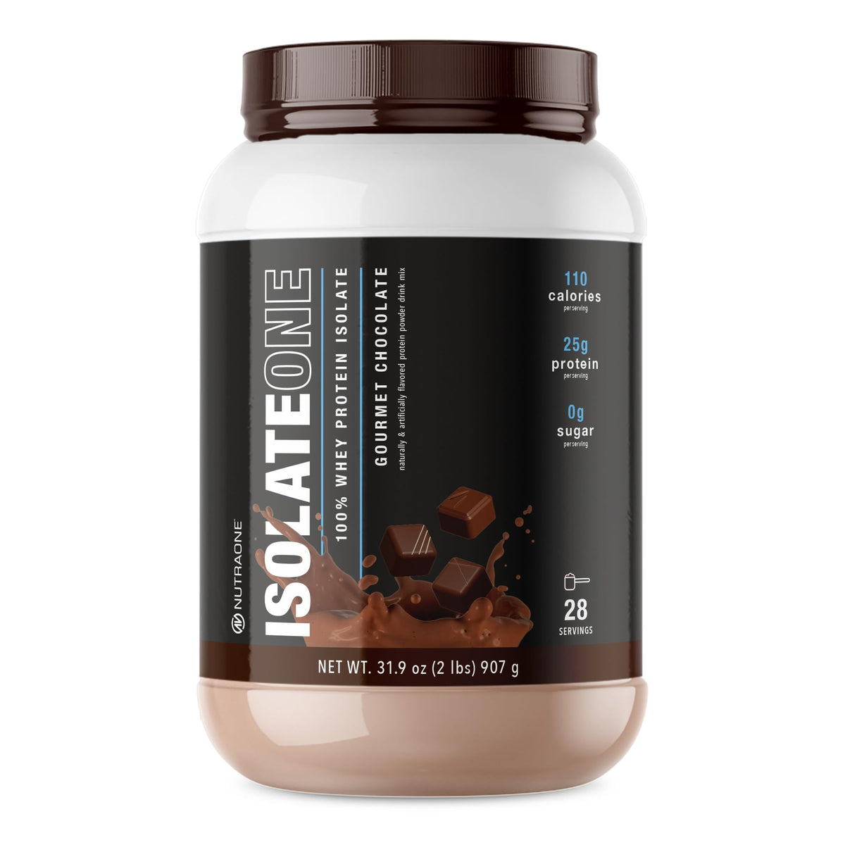 NutraOne IsolateOne Gourmet Chocolate whey powder in a 2-lb canister for post-workout shakes