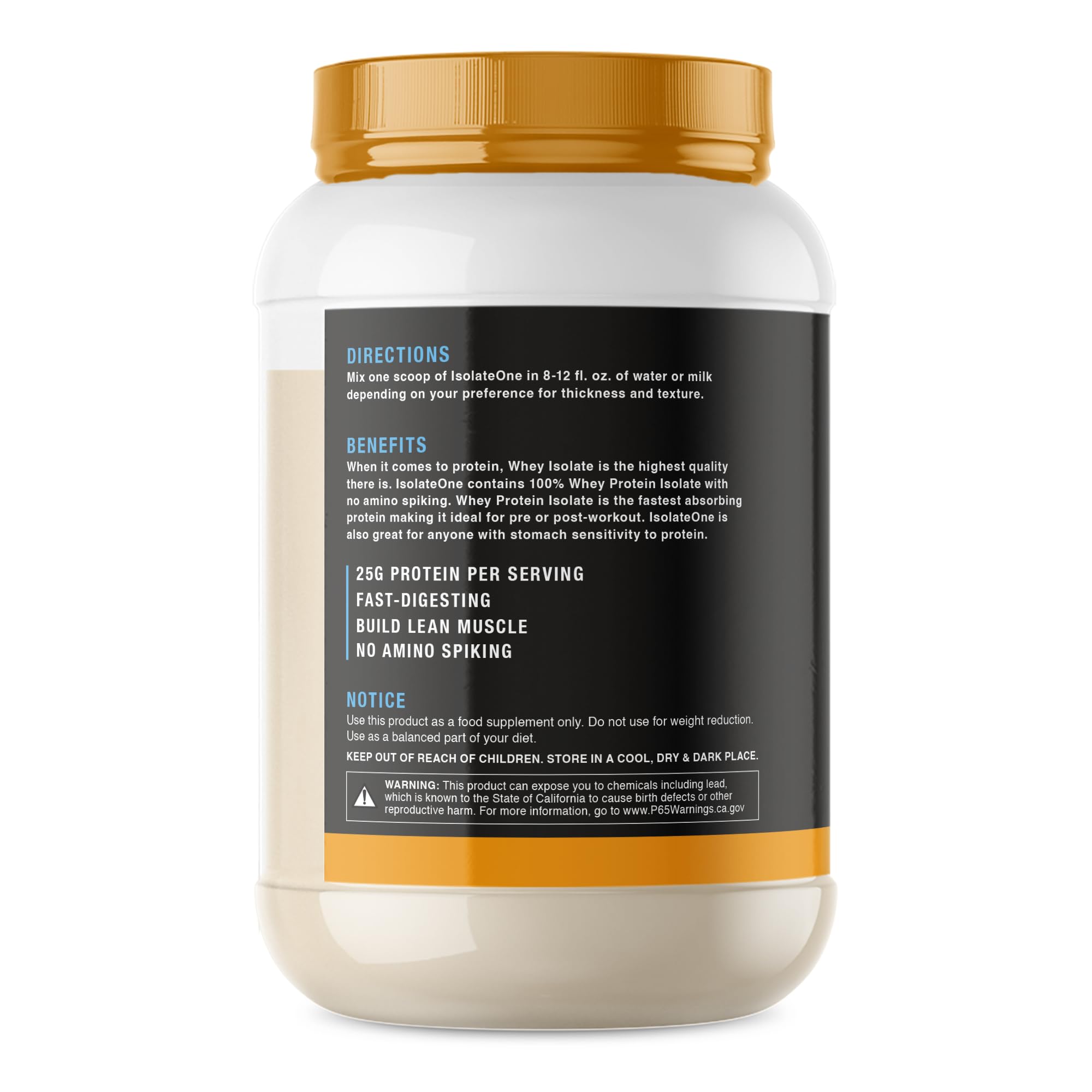 NutraOne IsolateOne vanilla powder label showing protein information