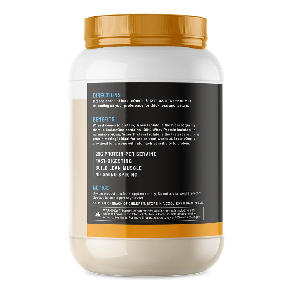 NutraOne IsolateOne vanilla powder label showing protein information