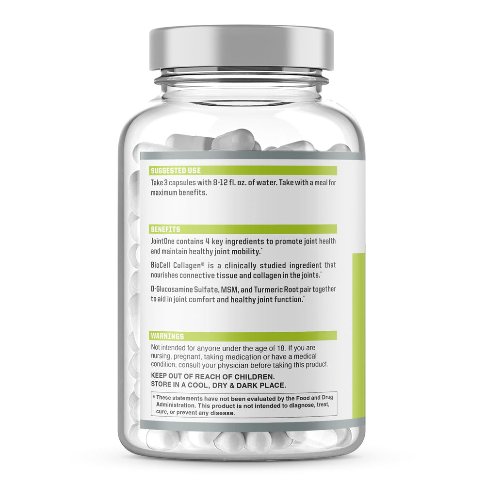 NutraOne JointOne bottle label close-up highlighting BioCell collagen and turmeric