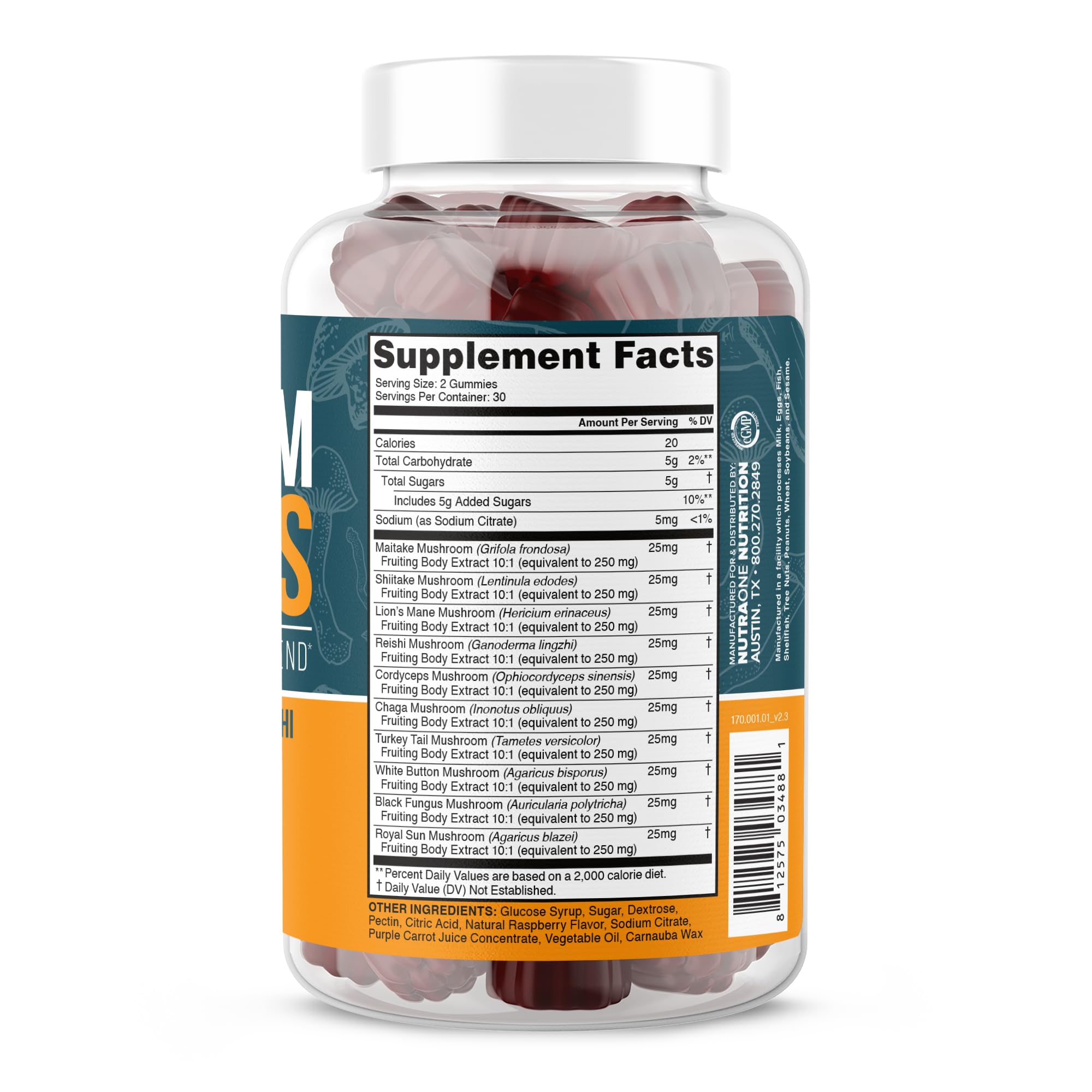 Label highlights a ten-mushroom blend for cognitive support potential.