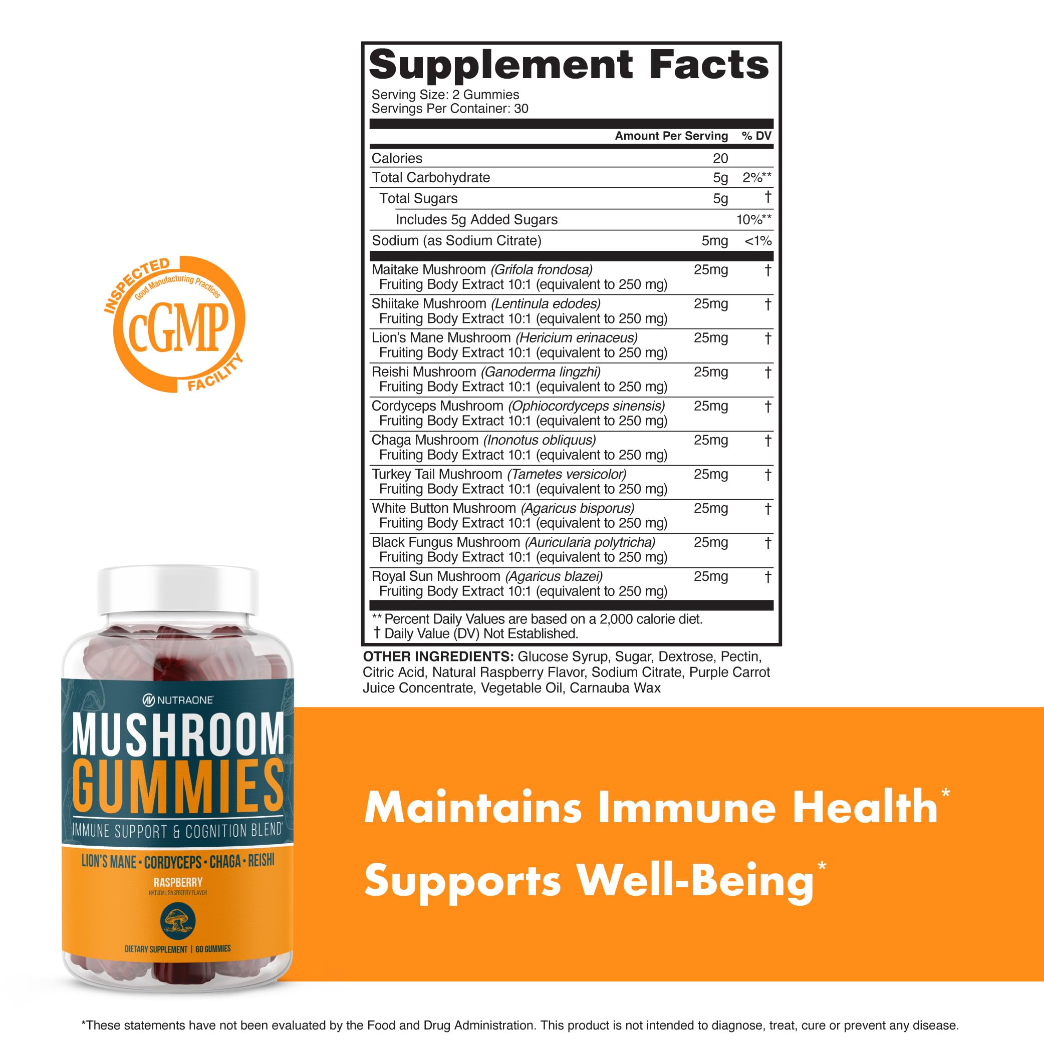 Packaging scene featuring NutraOne Mushroom Gummies Raspberry on display.