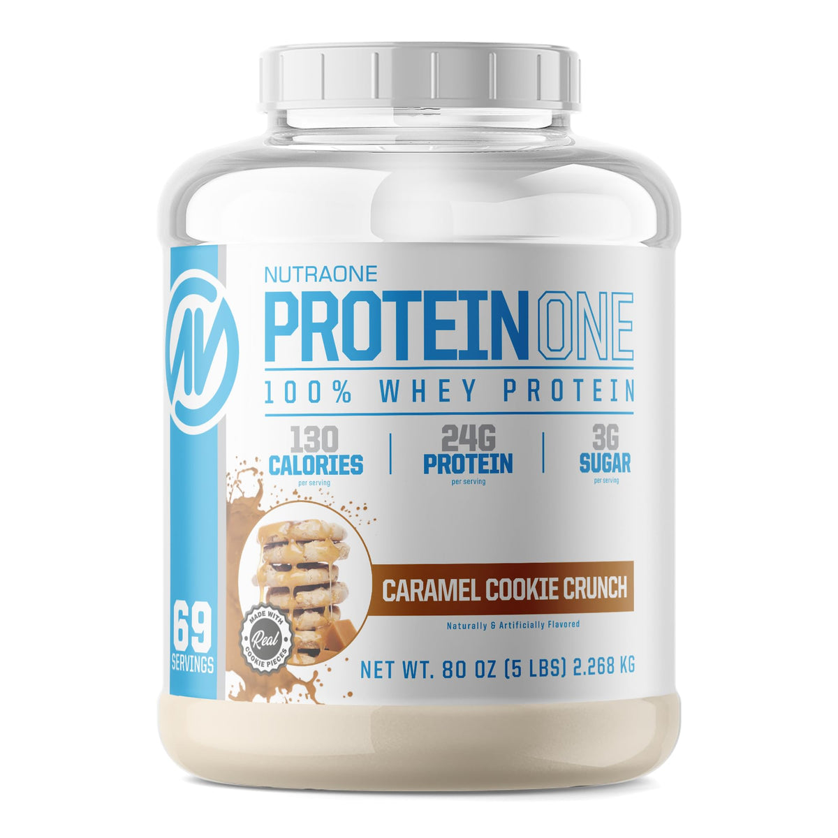 NutraOne ProteinOne Caramel Cookie Crunch tub front for high-protein fueling after workouts
