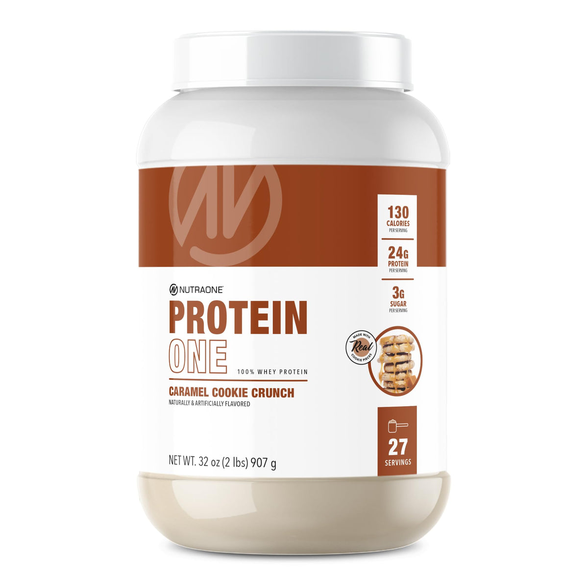 NutraOne ProteinOne Caramel Cookie Crunch tub for post-workout shakes
