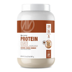 NutraOne ProteinOne Caramel Cookie Crunch tub for post-workout shakes