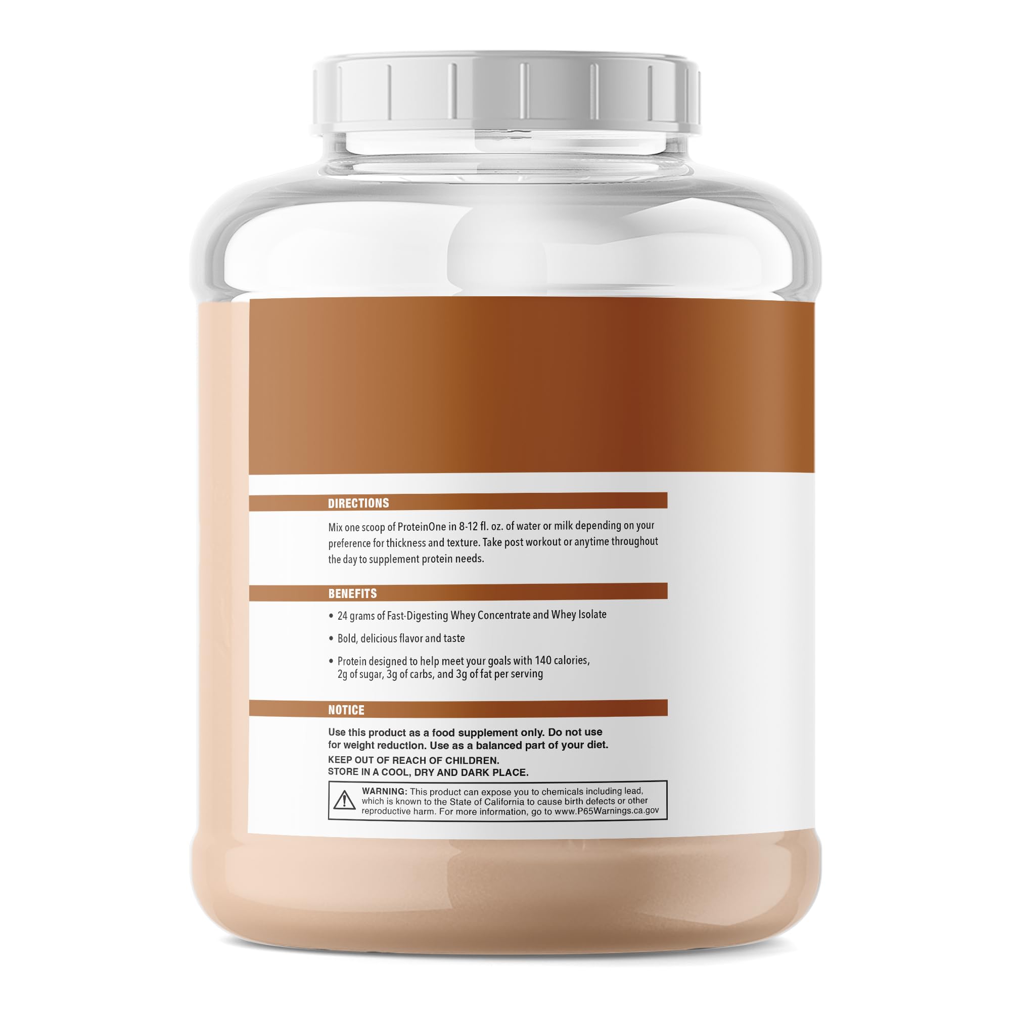 NutraOne ProteinOne Chocolate PB Cup label emphasizes clean ingredients.