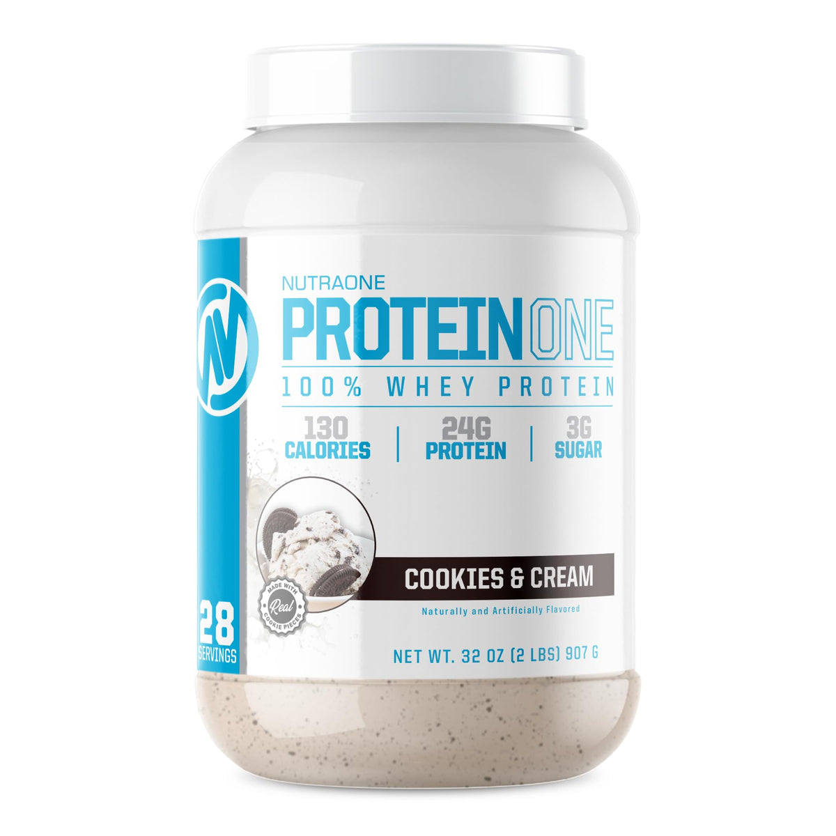 NutraOne ProteinOne Cookies & Cream tub shown for post-workout shakes