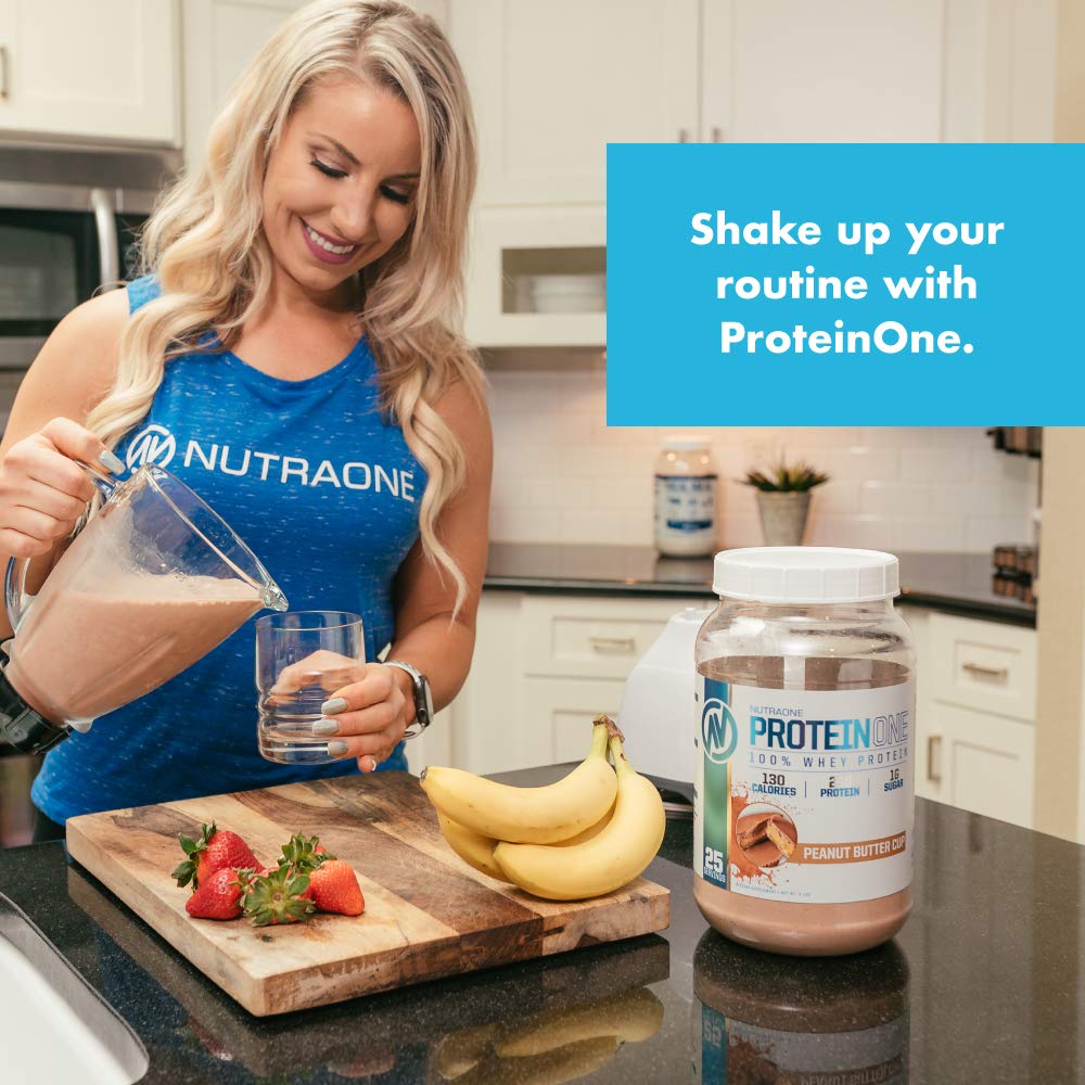 NutraOne ProteinOne shake pour in glass, ready to mix.