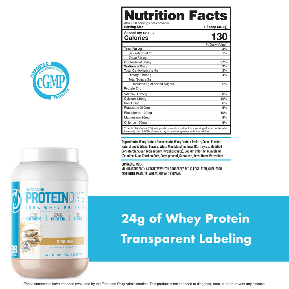 Two-pound ProteinOne tub highlights low lactose formula.