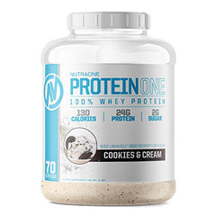NutraOne ProteinOne Cookies Cream whey powder, 5 lb tub for daily protein.