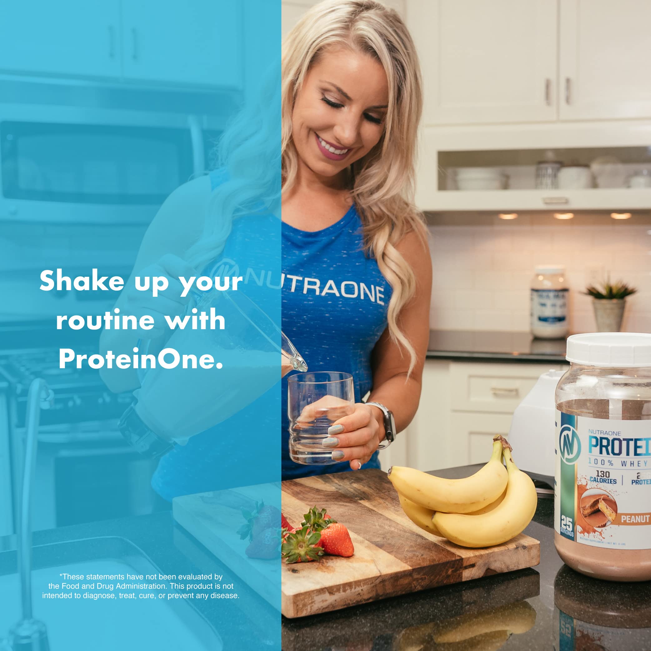 NutraOne ProteinOne whey bottle beside athletic gear signals fitness support.