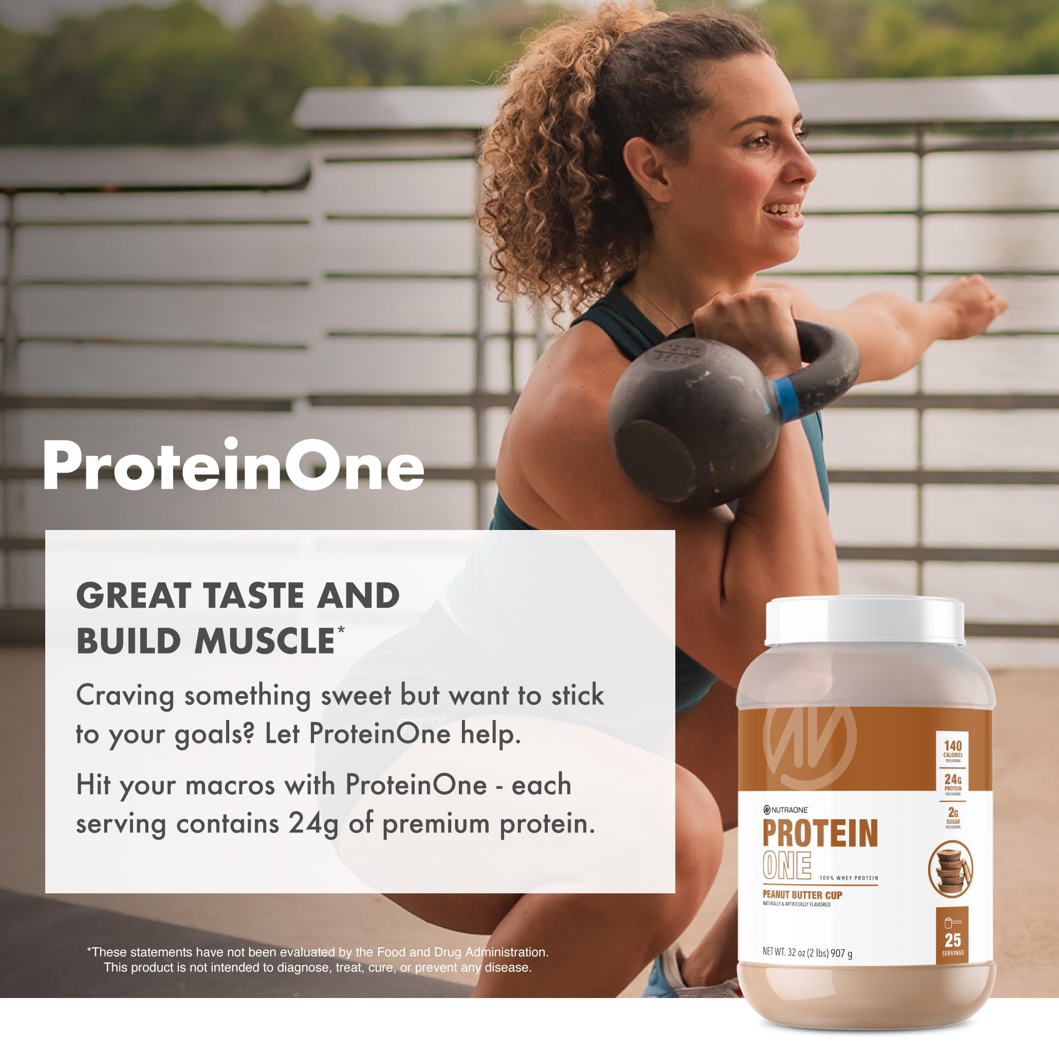 NutraOne ProteinOne GMP manufacturing badge indicates safe production standards.
