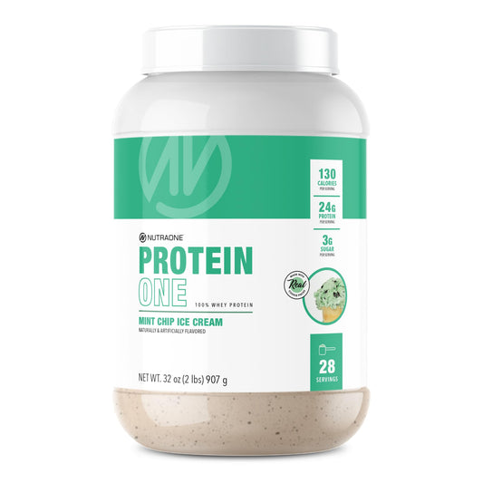 NutraOne ProteinOne mint chip powder in 2lb bag for post-workout recovery.