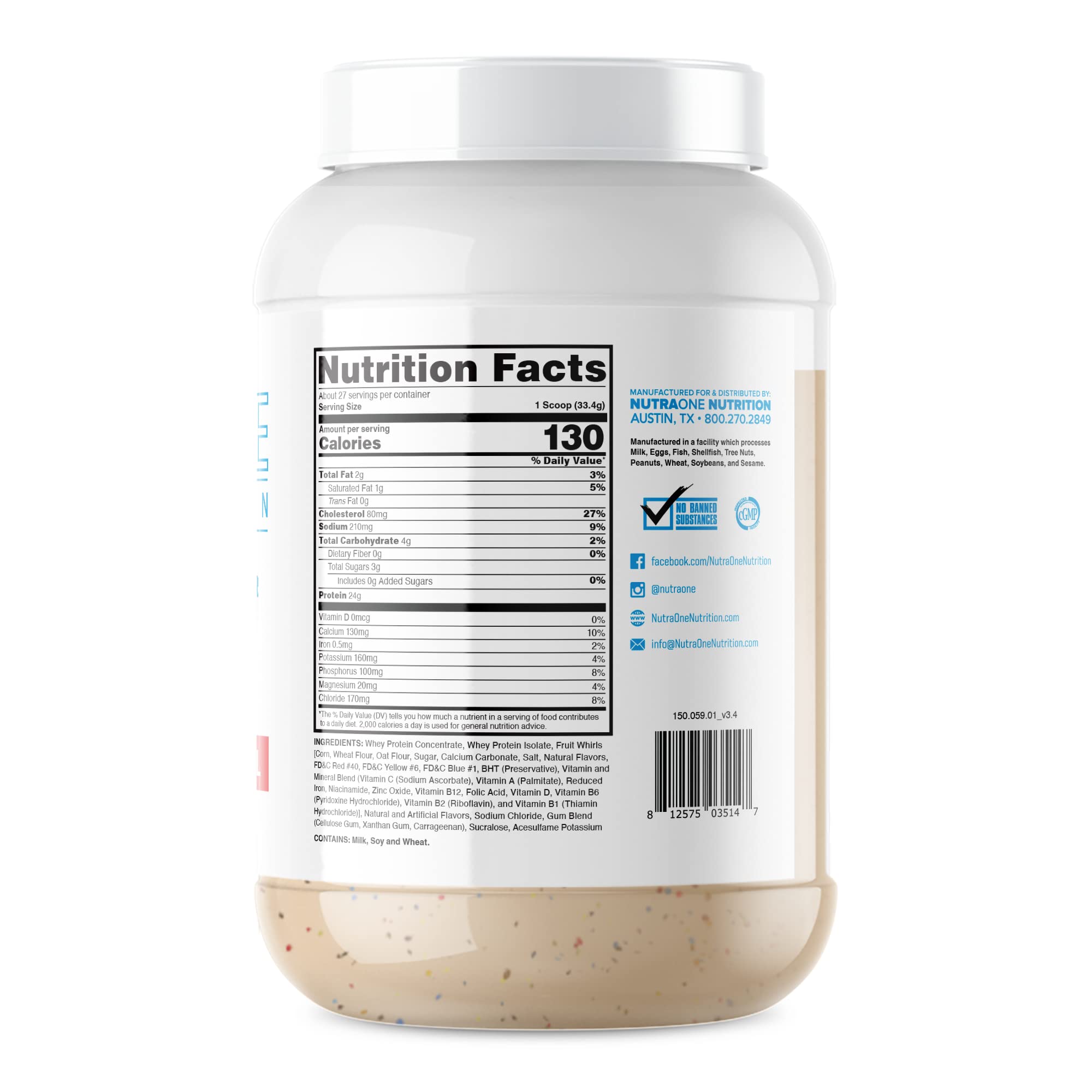 NutraOne ProteinOne whey nutrition facts show 24g protein per serving.