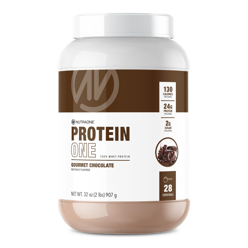 NutraOne ProteinOne whey powder tub in Gourmet Chocolate flavor, 2 lb.